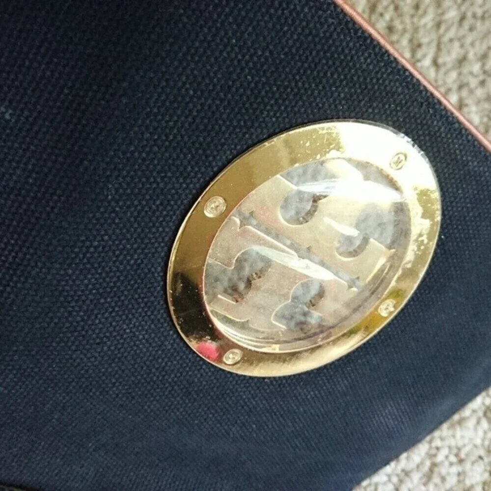 Tory Burch dark blue Canvas with leather Trim Clutch